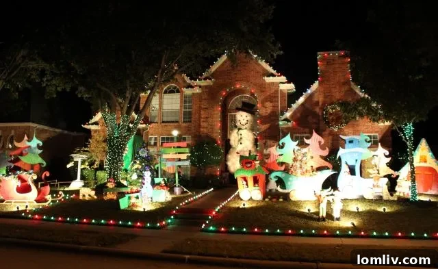 A beautifully decorated house in Deerfield, Plano, showcasing an elaborate Christmas light display with colorful archways and glowing figures.