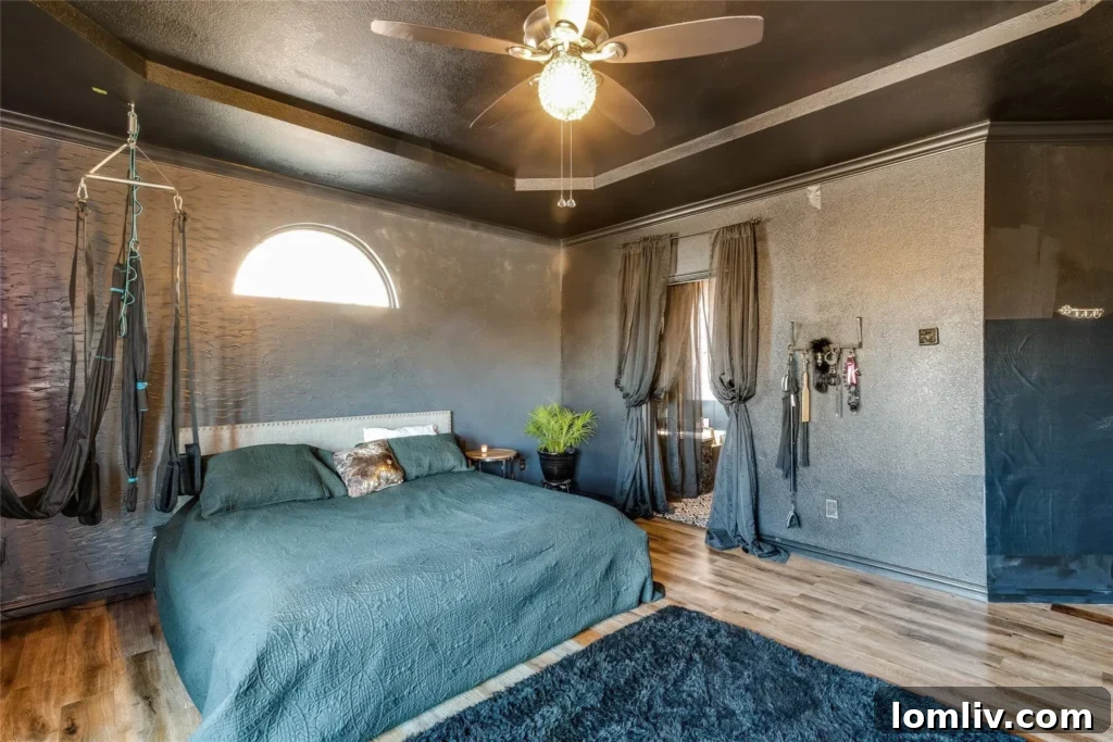 Close-up view of the robust ceiling joists in the master bedroom, capable of supporting significant weight, an integral part of the room's distinctive setup.