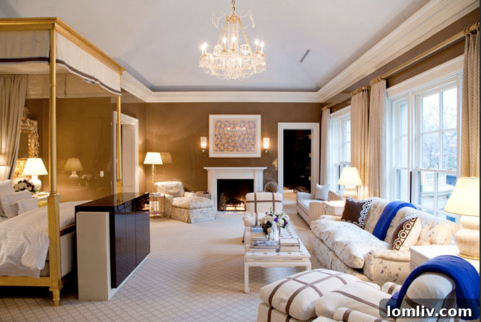 Luxurious bedroom designed by Kelli Ford, featuring a sophisticated color palette, plush textiles, and elegant furnishings. The room exudes comfort and high-end design, reflecting a blend of classic and contemporary styles.