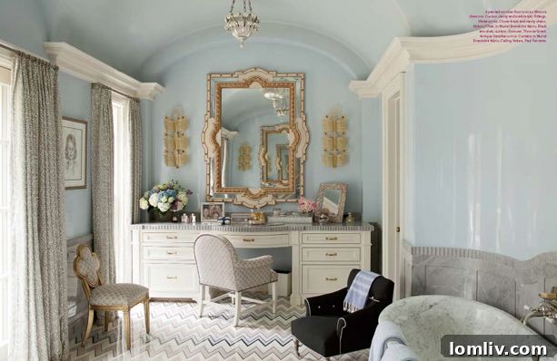Elegant dressing room or vanity area designed by Kelli Ford, showcasing bespoke cabinetry, exquisite finishes, and thoughtful lighting. This space exemplifies personalized luxury and meticulous attention to detail.