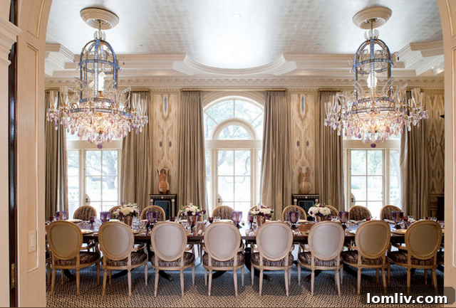 Elegant dining room designed by Kelli Ford, featuring a grand chandelier, sophisticated furniture, and refined architectural details that create a formal yet inviting atmosphere for entertaining.