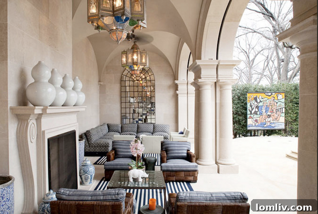 Grand exterior view of the Kelli Ford residence in Highland Park, Dallas, showcasing its impressive solid masonry construction, classical architectural elements, and meticulously landscaped grounds.