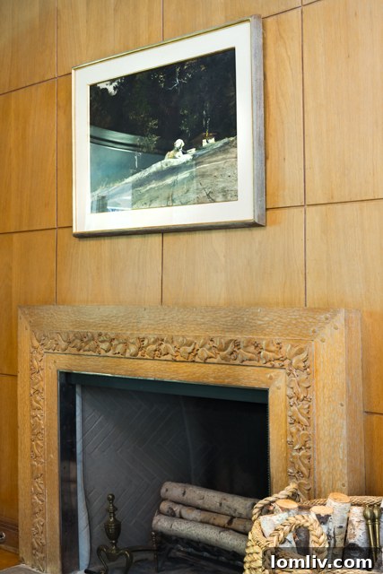 Dining room fireplace with leaf design matching china pattern