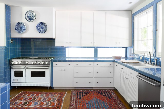 Kitchen with original blue tiles restored