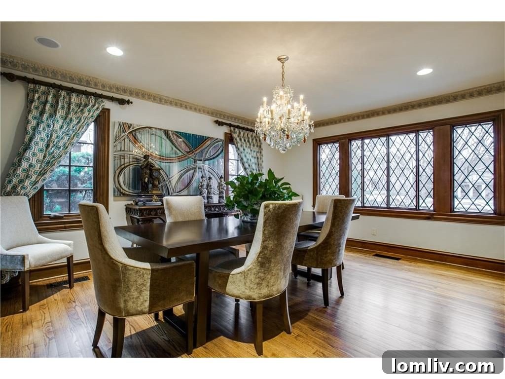 Elegant dining room of the Lakewood estate featuring original crown molding.