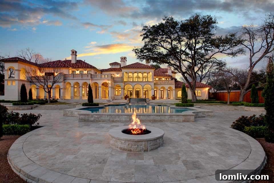 Stunning rear view of a luxury custom home at sunset in Dallas, Texas, showcasing elegant design and expansive grounds