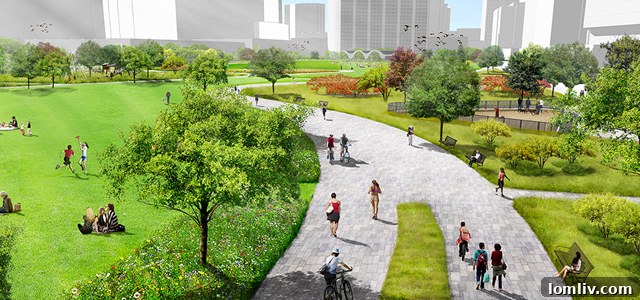 An artist's rendering of Midtown's proposed glorious central park, a key green space amenity.