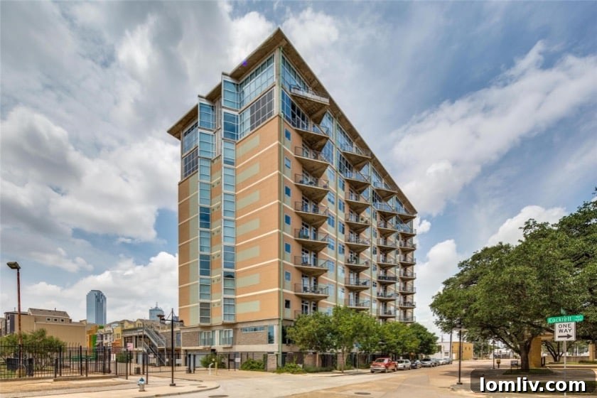 Panoramic view of the Dallas skyline from The Cedars, featuring the iconic Reunion Tower and bustling cityscape