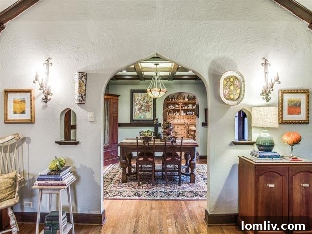 Charming entryway with architectural details and warm lighting
