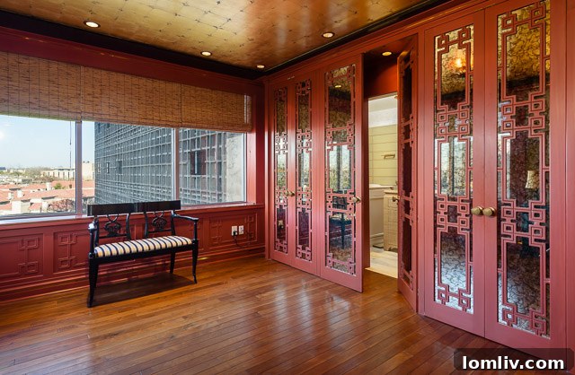 A tastefully decorated lounge area with unique lighting and art