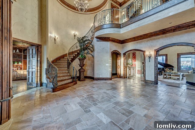 Luxurious grand foyer with marble floors, a sweeping staircase, and multiple large screen televisions.