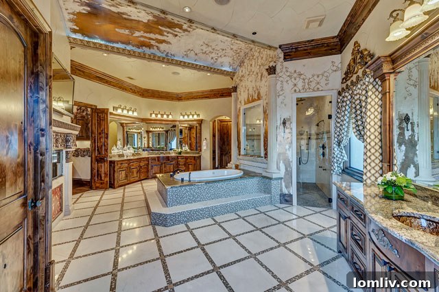 Luxurious master bathroom with a large bathtub, elegant finishes, and a television screen for entertainment.