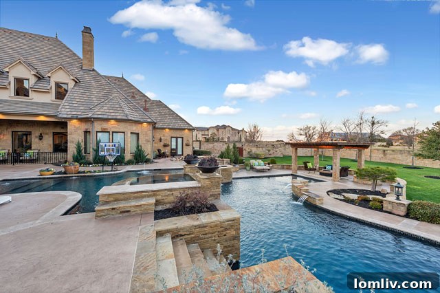 Expansive outdoor entertainment area with a covered cabana, comfortable seating, and an outdoor television.