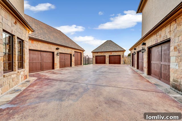 Spacious multi-bay garage for luxury vehicles.