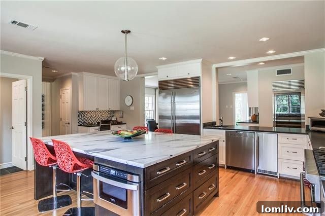 Kitchen island with ample storage and integrated microwave for convenience