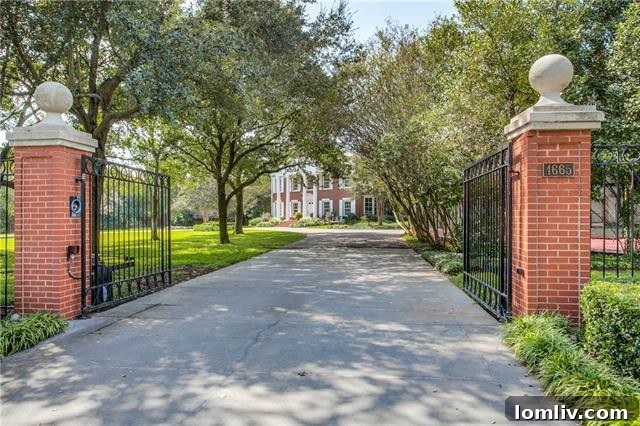 Grand gated entrance to 4665 Meadowood Road, leading to a majestic southern mansion