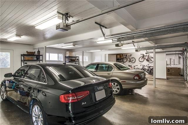 Oversized four-car garage with extensive depth and built-in storage solutions