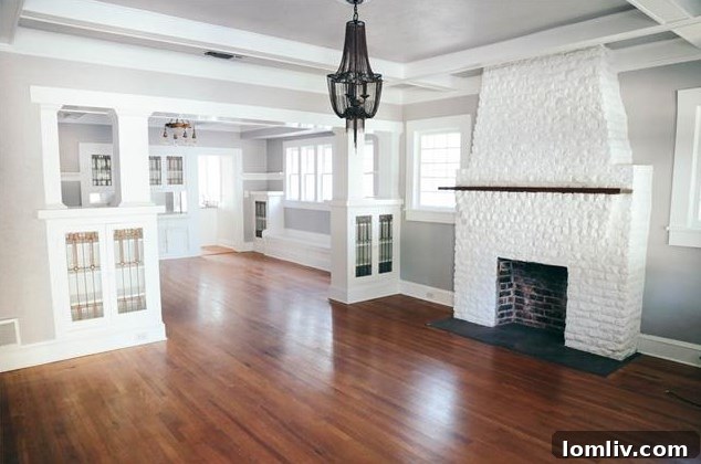 Interior view of 1616 South Adams, showcasing preserved ceiling coffers and natural light