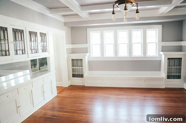 Another interior shot of the Craftsman, highlighting original built-in cabinetry with art glass