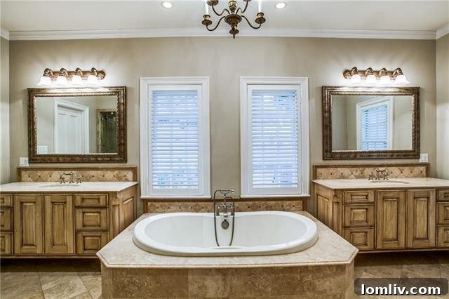 The luxurious master bathroom with modern fixtures and classic design.