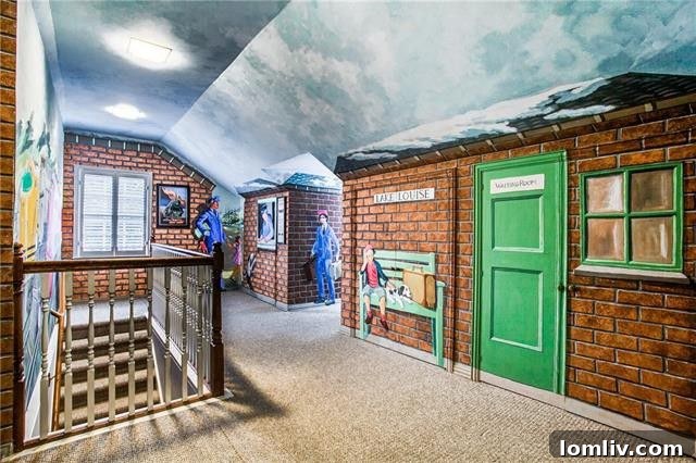 The unique third-floor mural by Gillian Bradshaw-Smith, inspired by a 1957 Lionel Train catalog.