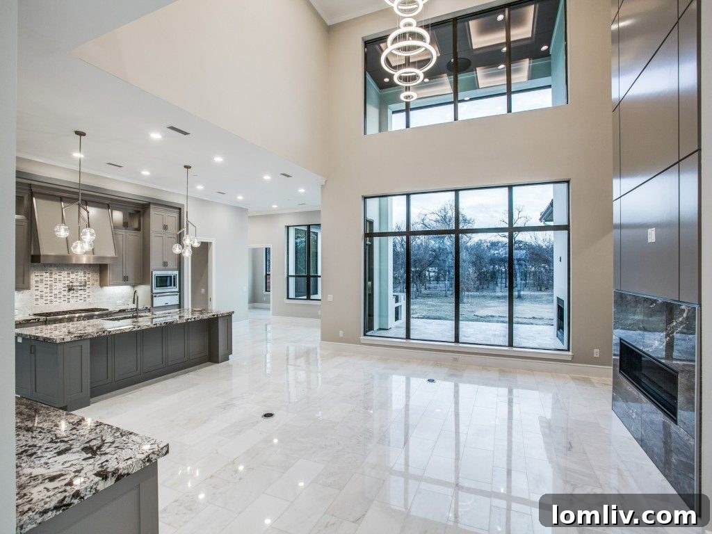 Elegant Fireplace in Dallas Custom Home with Italian Porcelain Tile and Wood Paneling