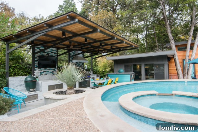 Luxurious backyard with round pool, guest house, and outdoor kitchen