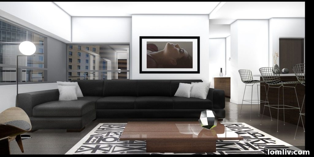 Contemporary living room with large windows in Statler Residences