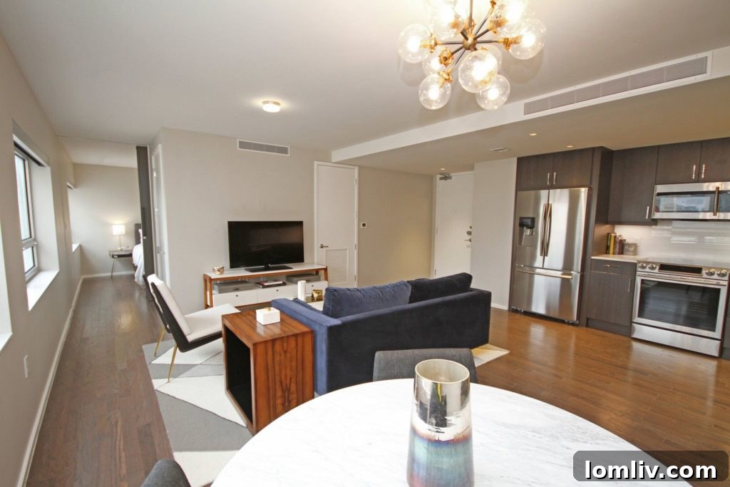 Stylish kitchen with island in Statler Residences