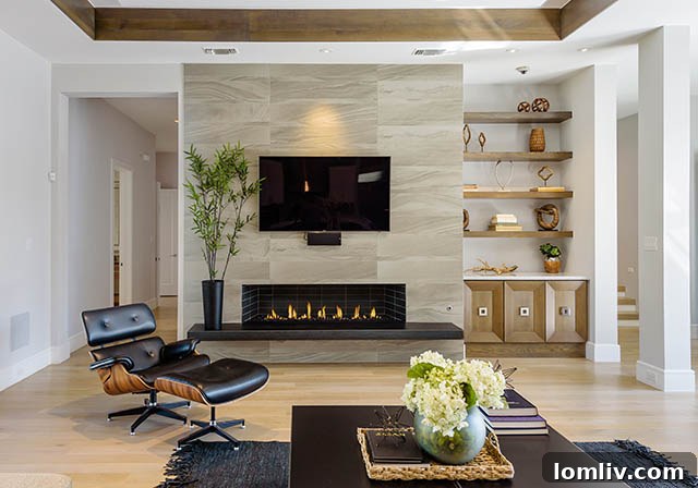 Living room fireplace with cold-rolled steel hearth