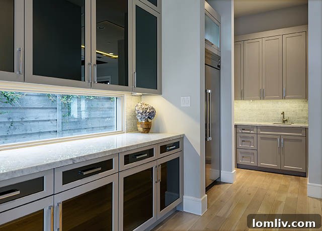 Well-appointed butler's pantry with smoked glass cabinets