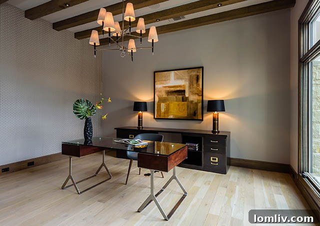 Elegant home office with built-in bookshelves and courtyard views