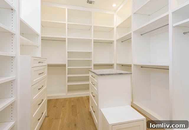 Spacious custom walk-in closet with organization system