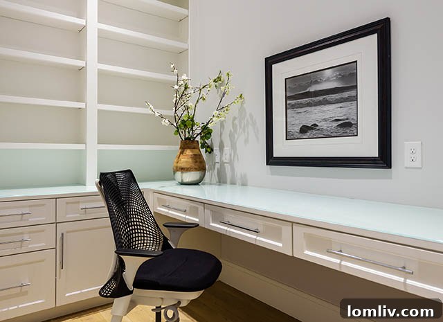 Second home office with built-in bookcases and elegant lighting