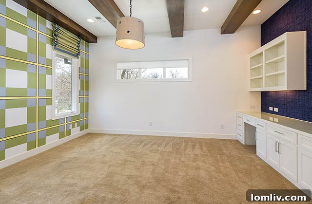 Upstairs bedroom with beamed ceiling and integrated desk