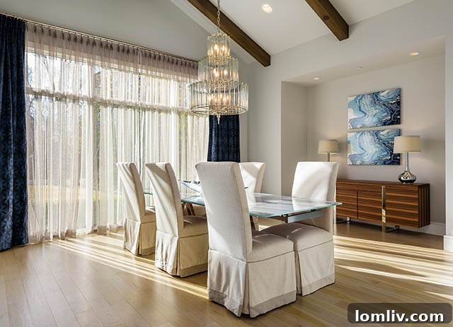 Elegant formal dining room with courtyard views