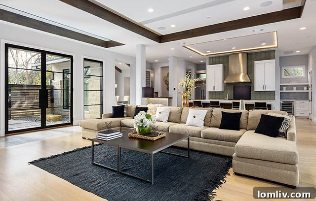 Modern living room with fireplace and hardwood floors