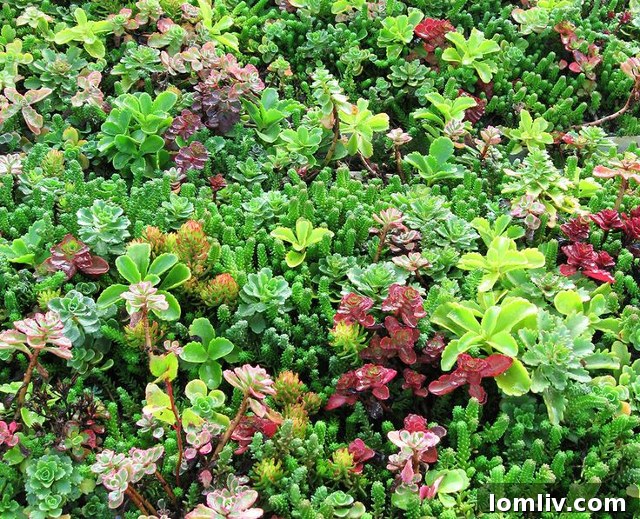 Drought-tolerant sedum and succulents, ideal for low-maintenance and cost-effective green roofs.