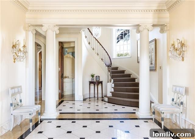 Grand entrance and porch of the historic Highland Park estate