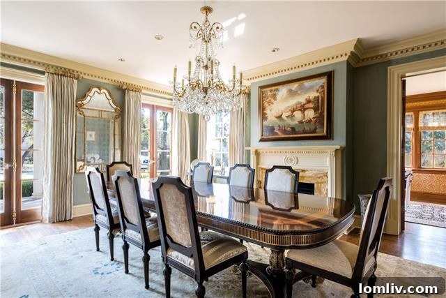Elegant dining room with classic furniture and chandeliers