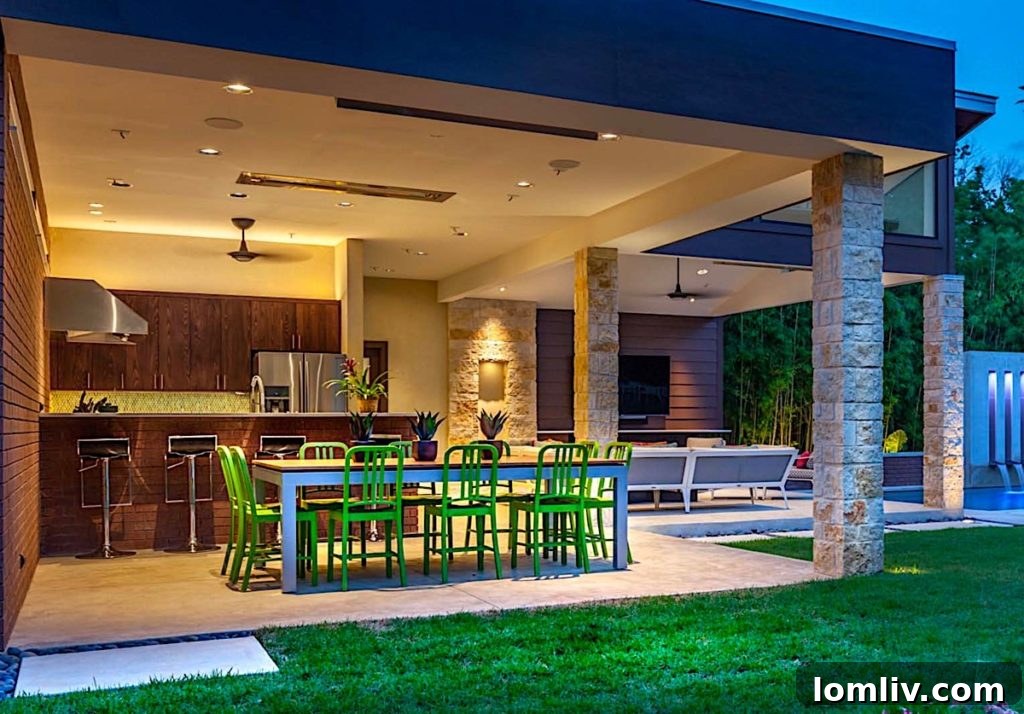 Panoramic view of the newly renovated pool house exterior, showing pool and outdoor kitchen