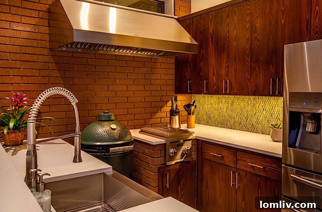 Close-up of the outdoor kitchen area with grills, sink, and green tiled backsplash