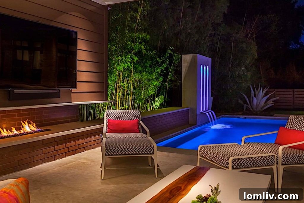 Poolside low wall extending from fire pit, offering additional seating and aesthetic appeal