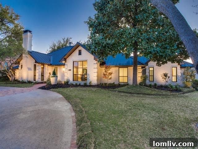 The stunning facade of the Forest Place transitional home on Parwen Drive, Dallas