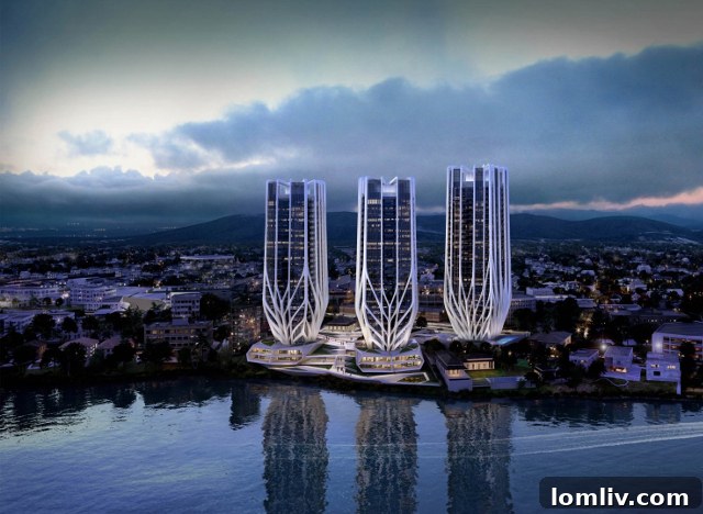 Grace on Coronation, Brisbane, Australia, a Zaha Hadid design featuring three champagne flute-like towers and riverfront villas.