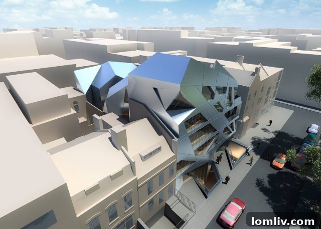 The unique and angular design of 33-35 Hoxton Square in London by Zaha Hadid Architects, integrating modern art with urban infill.