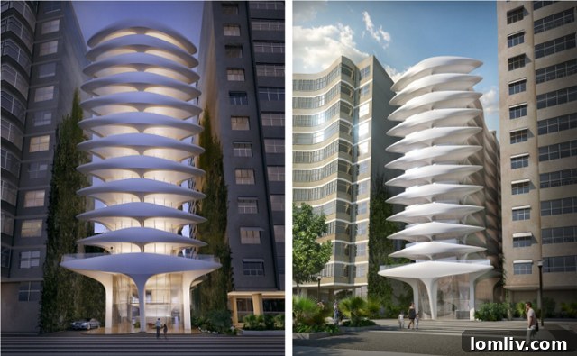 Close-up view of Casa Atlantica's distinctive balconies and façade, showcasing Hadid's fluid architectural style.