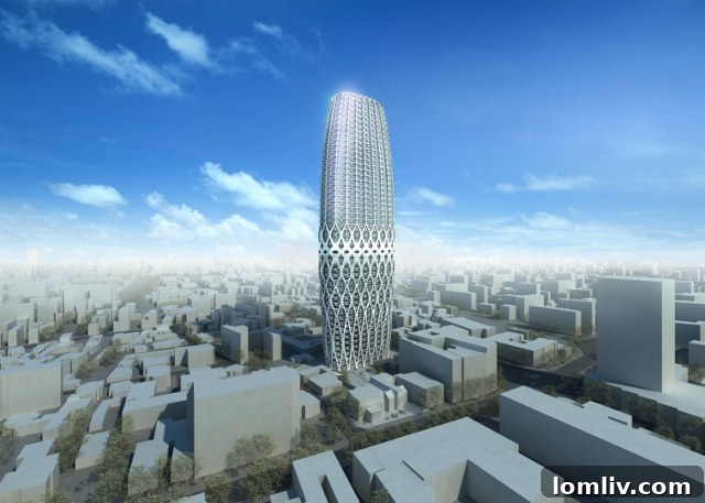 Rendering of Dorobanti Tower in Bucharest, Romania, featuring a distinctive structural lattice exterior.