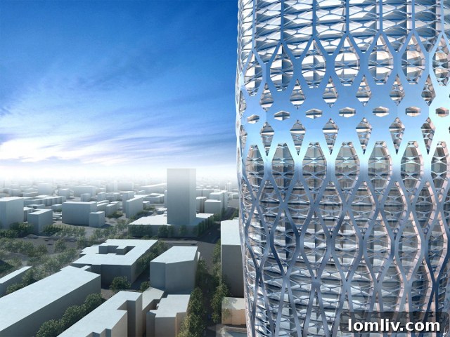 An imposing view of Dorobanti Tower, highlighting its intricate structural lattice and futuristic form.