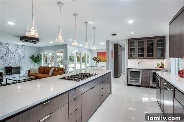 Modern Kitchen with Waterfall Quartz Countertops